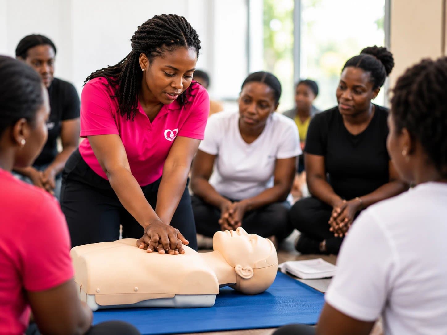A Shez Hope instructor in a pink shirt teaches CPR on a training manikin to a circle of women